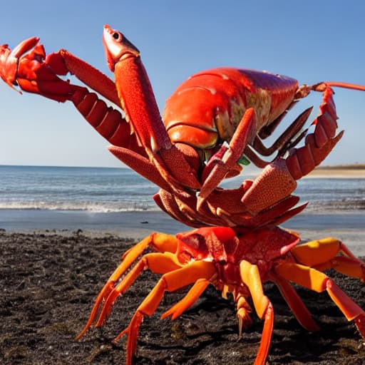  a giant lobster with a chicken on its shoulder