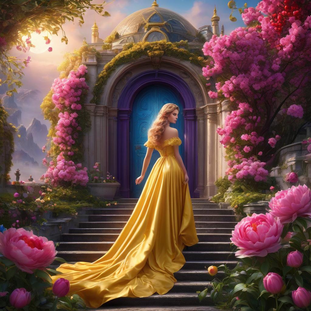  А very beautiful stairway to the sky. . (Sparkling rim)): spring field, hyacinths, roses, rosehips, rose hips, peonies, cherry tree, yellow, red. Surrealist abstractionism. Honoré Fargonard, Alfonso Mucha. The girl in the gold dress. A very pretty girl. Garden of Eden. Rain. Purple silk linen. Topaz, diamonds, quartzite, amber, topaz, emerald. Flying saucer. Space, fantasy. Purple, blue, silver colors. Moon, aliens. There's a castle on the moon. Beautiful red door with branching ornamentation. The door looks like a portal. Fantasy, magic. High elaboration, high realization. The door opens into a beautiful garden. A door without a lock. (Sparkling rim)): spring field, hyacinths, roses, rosehips, rose hips, peonies, cherry tree, yellow, re hyperrealistic, full body, detailed clothing, highly detailed, cinematic lighting, stunningly beautiful, intricate, sharp focus, f/1. 8, 85mm, (centered image composition), (professionally color graded), ((bright soft diffused light)), volumetric fog, trending on instagram, trending on tumblr, HDR 4K, 8K