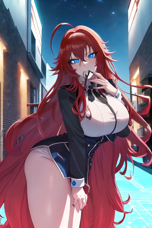  with erect in her mouth,masterpiece, best quality, 1women, long red hair, looking at viewer, :3, cute, black uniform, outdoors, streets, cowboy shot, curvy, (((blue eyes))), rias gremory, red hair, antenna hair, wavy hair, ((beautiful detailed eyes, beautiful detailed glow, lots of glow)), anime screencap