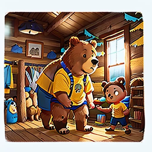  a boy with yellow shirt, short brown hair, blue shorts is standing next to a bear, in the cabin, dim light