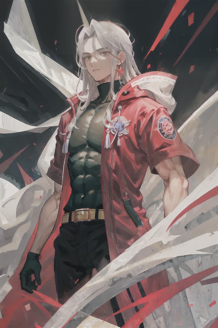  master piece , best quality,Gray hair, straight hair, dark eyes, male, muscular body, hero, long white and red coat, stars