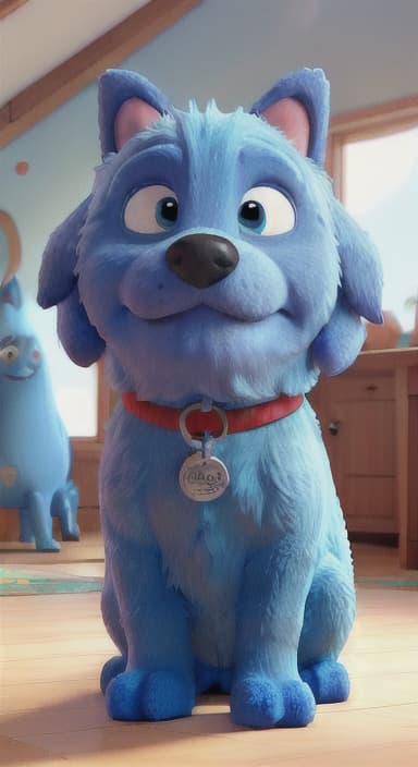  {Max snuggled up in his comfy dog bed inside the house, fast asleep, The big blue dog is large with sky blue fur, big round eyes, a black nose, and floppy ears.