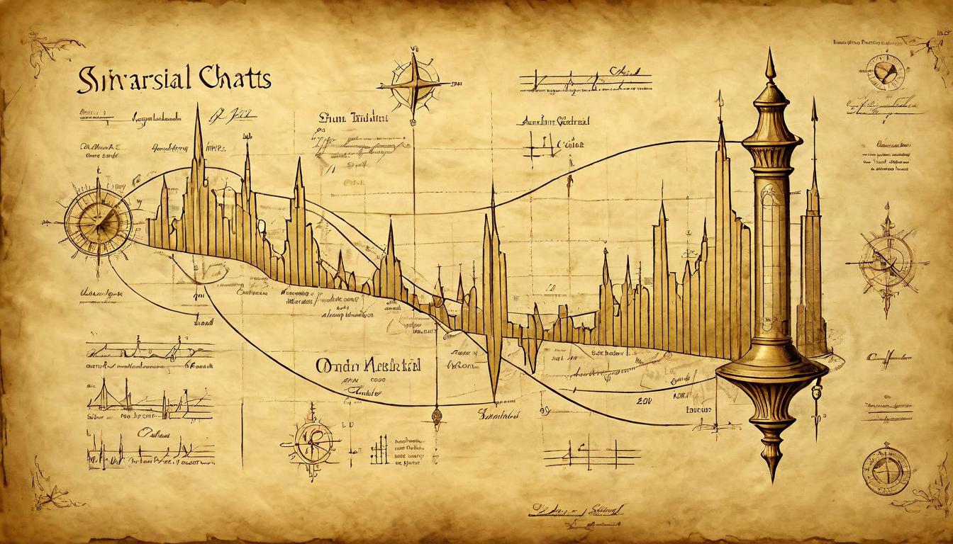  on parchment, surrealism+++, Financial charts morphing into gold, market trends, shimmering golden lines, radiant light, transformative, opulent(mysterious, provocative, symbolic,muted color)+++