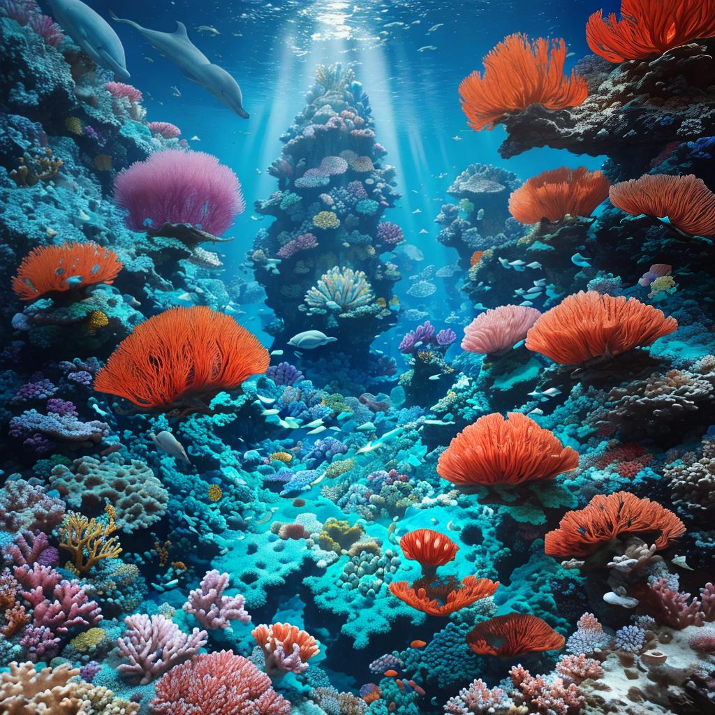  masterpiece, best quality, Most Beautiful in deep sea teeming with vibrant corals, diverse marine life, and enchanting underwater landscapes, full of corals, acrophore, small fishes, anemones, dolphin, various algaes, caves, colorful,all captured in stunning 8k resolution with intricate details.