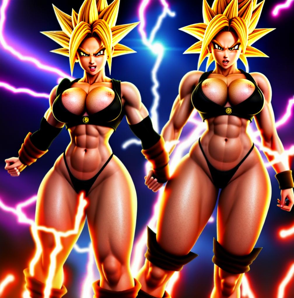  ((foto de cuerpo completo, pie plano, cuerpo recto)), ((laura {Super Super Saiyan mujer con grandes pechos})), ((lleva puesto son goku+Los disfraces de ella son extremadamente ajustados a su cuerpo.))