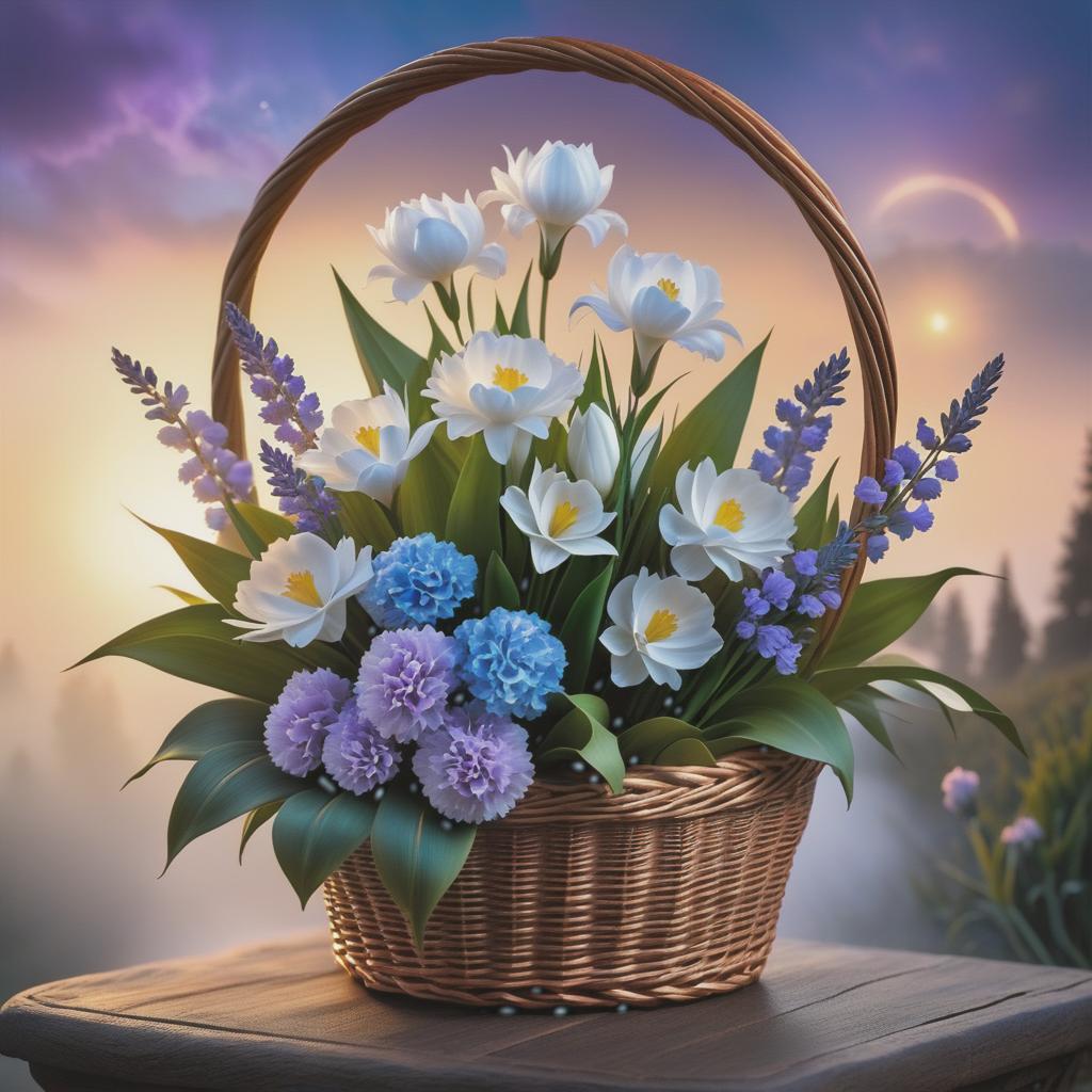  ethereal fantasy concept art of (Bouquet in a wicker basket). The handle of the basket is decorated with a white satin bow with brown polka dots. In the basket is a floral composition: of wheat ears, white and blue carnations, flowers, lavender and in the centre of the bouquet one white lily. (Background):night starry sky with flashes of fireworks. Style:fantasy, watercolour, landscape still life genre. . magnificent, celestial, ethereal, painterly, epic, majestic, magical, fantasy art, cover art, dreamy hyperrealistic, full body, detailed clothing, highly detailed, cinematic lighting, stunningly beautiful, intricate, sharp focus, f/1. 8, 85mm, (centered image composition), (professionally color graded), ((bright soft diffused light)), volumetric fog, trending on instagram, trending on tumblr, HDR 4K, 8K