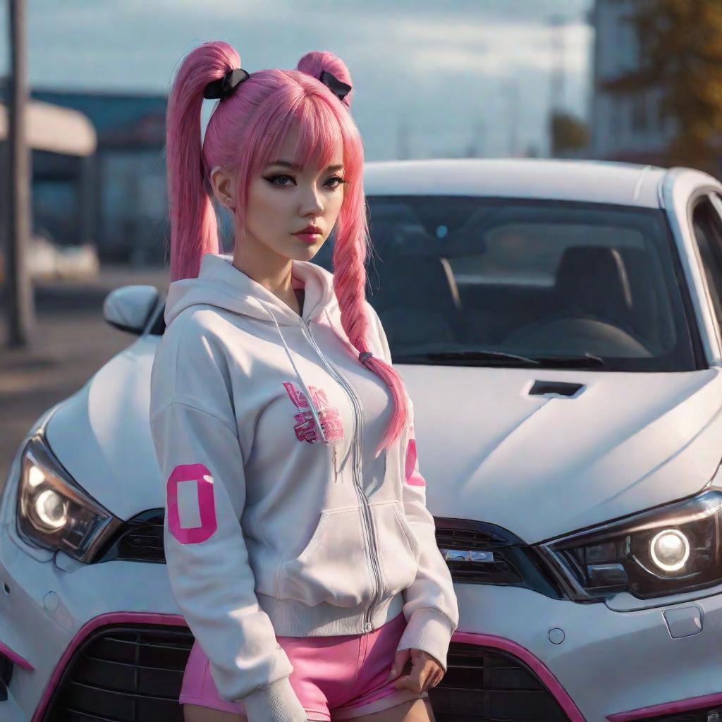  a girl with pink hair and ponytails in bows stands with her in front of the hood of a car., cute, hyper detail, full HD hyperrealistic, full body, detailed clothing, highly detailed, cinematic lighting, stunningly beautiful, intricate, sharp focus, f/1. 8, 85mm, (centered image composition), (professionally color graded), ((bright soft diffused light)), volumetric fog, trending on instagram, trending on tumblr, HDR 4K, 8K