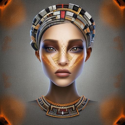 portrait+ style Create an image of a stylized aztec girl with an abstract fragmented design composed of different stone textures in shades of grey, gold and rust. 3d Elements like circles and angular shapes form her headdress and shoulder pieces. The background is a subdued blend of grays and browns, adding to the artwork's textured, weathered appearance. photorealistic, realistic.