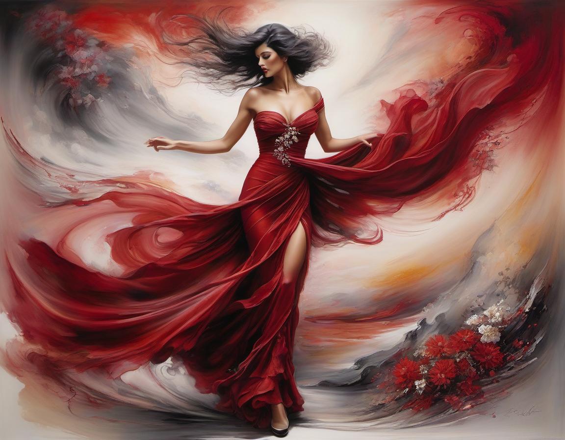  abstract expressionist painting depict an spanish woman, dancing, flowing floral scarf, elegant body lining. the backdrop is an ethereal spanish dreamscape of soft tones crimson, red, off white, magenta, grey. highly detailed. magic realism. alchemy. pastels, pen, ink and wash. luis royo, joaquin sorolla, georgia o’keeffe, arthur rackham. highest quality . energetic brushwork, bold colors, abstract forms, expressive, emotional hyperrealistic, full body, detailed clothing, highly detailed, cinematic lighting, stunningly beautiful, intricate, sharp focus, f/1. 8, 85mm, (centered image composition), (professionally color graded), ((bright soft diffused light)), volumetric fog, trending on instagram, trending on tumblr, HDR 4K, 8K