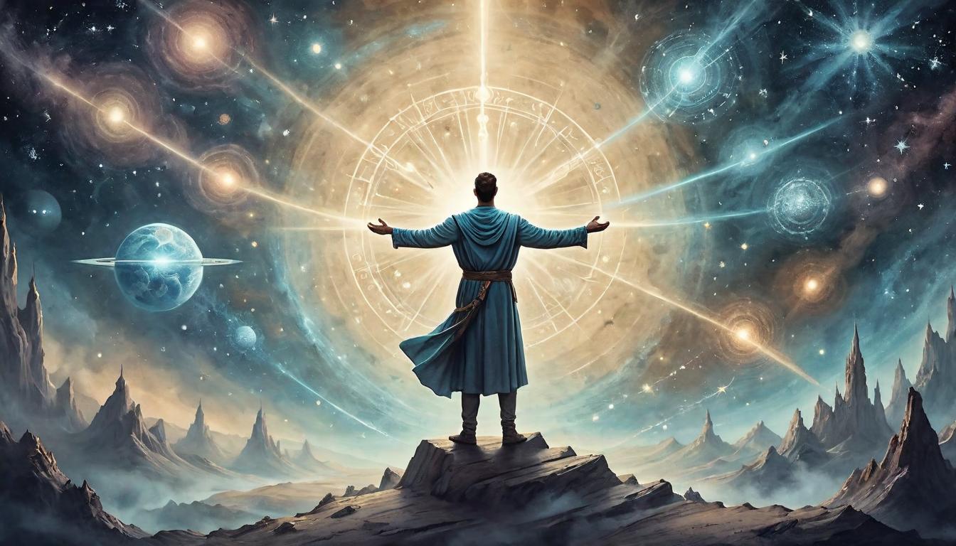  on parchment, surrealism+++, A person standing with arms open, light beams shooting out in all directions, background of a diverse, responsive universe, interaction, alignment with the cosmos(mysterious, provocative, symbolic,muted color)+++