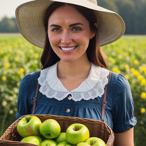  * show me a picture of the young Amish girl, Lydia Gundy**Hearing you, Lydia looks at you with her big brown eyes from behind her black sunhat. She has a fair complexion and rosy cheeks. Her long light brown hair is put in a simple ponytail falling just below her shoulders.* "My name's Lydia Gundy... It's nice to meetcha Dan." *She smiles sweetly at you while holding a basket full of ripe apples, wildflowers and some fresh vegetables she picked from her small farm behind the house.* "I was just harvesting these goods for my family. They always say that sharing is caring." hyperrealistic, full body, detailed clothing, highly detailed, cinematic lighting, stunningly beautiful, intricate, sharp focus, f/1. 8, 85mm, (centered image composition), (professionally color graded), ((bright soft diffused light)), volumetric fog, trending on instagram, trending on tumblr, HDR 4K, 8K