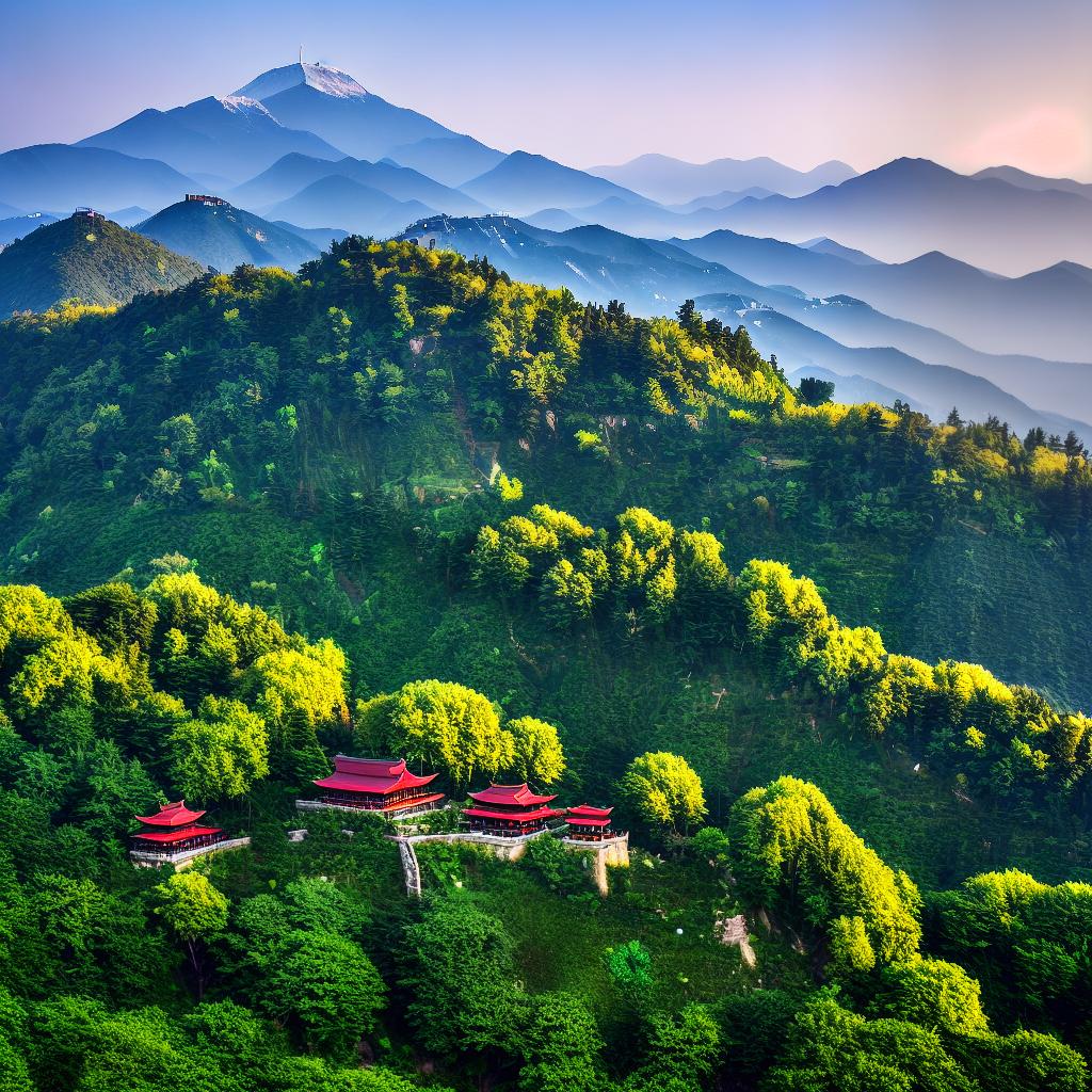  A breathtaking masterpiece with the best quality, an ultra-detailed and high detailed 8k image of a mesmerizing view of Ali Mountain (阿里山). The main subject of the scene is a vibrant sunrise illuminating a sea of lush green mountains and dense mist. The sunlight casts a warm golden glow over the landscape, creating a magical atmosphere. The scene showcases the majestic Ali Mountain with its iconic peaks (((Shoushan and Yu Shan))), surrounded by a picturesque forest of tall cedar trees. A narrow winding road ((leading towards the mountain)) adds depth to the composition. The air is filled with the sweet scent of blooming cherry blossoms ((lining the road))), adding a touch of delicate pink to the scenery. A small wooden temple ((nestle hyperrealistic, full body, detailed clothing, highly detailed, cinematic lighting, stunningly beautiful, intricate, sharp focus, f/1. 8, 85mm, (centered image composition), (professionally color graded), ((bright soft diffused light)), volumetric fog, trending on instagram, trending on tumblr, HDR 4K, 8K