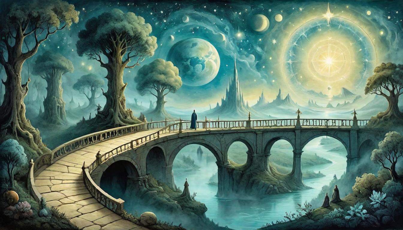  on parchment, surrealism+++, A bridge of light connecting earth and a luminous, distant star, ethereal beings crossing, mystical, otherworldly(mysterious, provocative, symbolic,muted color)+++