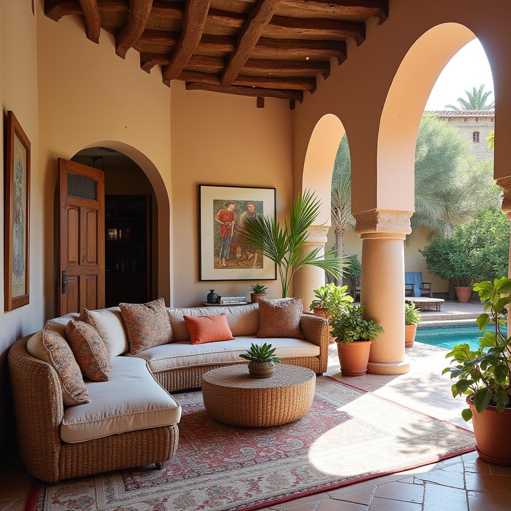  this editorial photography session focuses on capturing the essence of a family room designed in the andalusian style, characterized by its intricate tilework, vibrant colors, and moorish influences, creating a casual living space perfect for quality time. the setting features courtyards that enhance the architectural beauty and cultural richness of the design.