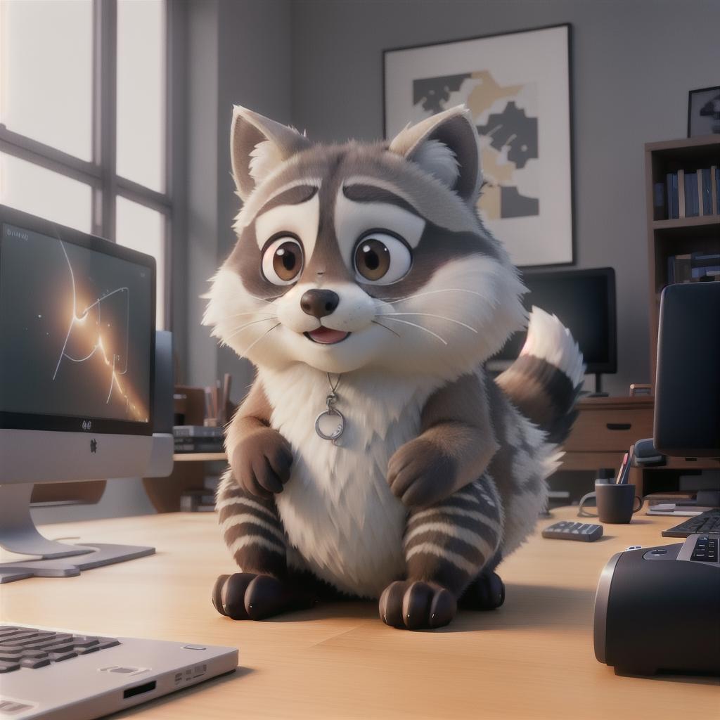  raccoon sitting in gaming chair front a computer on desktop, ((semi anthropomorphic)),(full body), tail, belly, sitting, fat, (chubby), (((white background))), solo, desktop, gaming chair, side view,  [[[clothes]]] hyperrealistic, full body, detailed clothing, highly detailed, cinematic lighting, stunningly beautiful, intricate, sharp focus, f/1. 8, 85mm, (centered image composition), (professionally color graded), ((bright soft diffused light)), volumetric fog, trending on instagram, trending on tumblr, HDR 4K, 8K