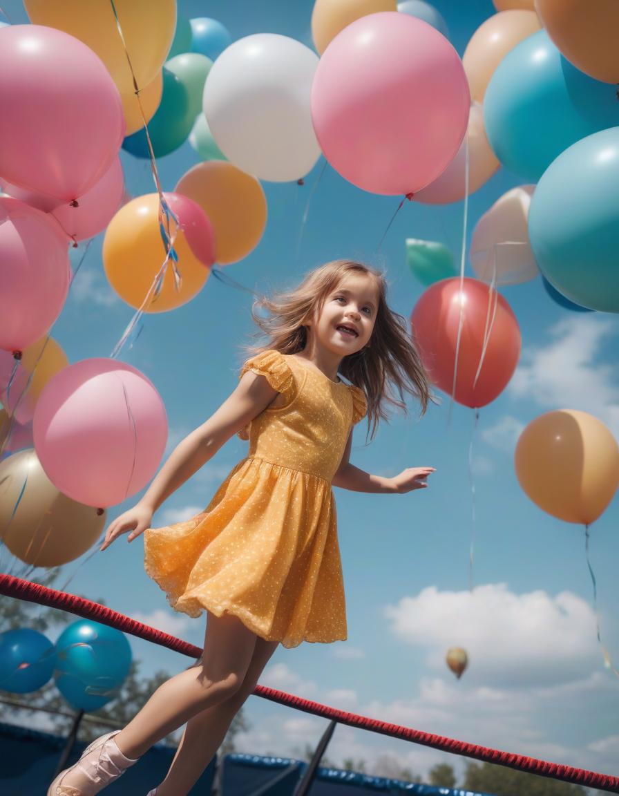  A little girl in a bright dress on a trampoline, joyfully flies up to the balloons hyperrealistic, full body, detailed clothing, highly detailed, cinematic lighting, stunningly beautiful, intricate, sharp focus, f/1. 8, 85mm, (centered image composition), (professionally color graded), ((bright soft diffused light)), volumetric fog, trending on instagram, trending on tumblr, HDR 4K, 8K