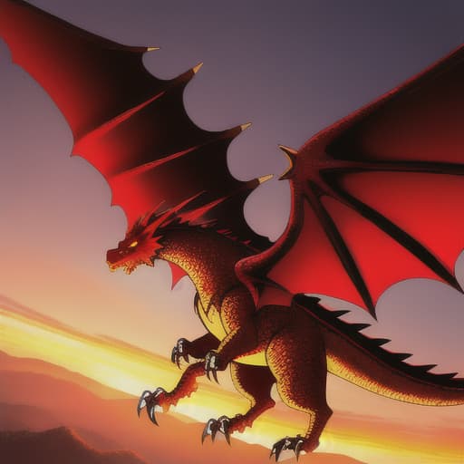  A majestic dragon soars across a fiery sunset sky, its scales glistening with magical hues of gold and crimson. As it glides gracefully above, the dragon's wings cast enchanting shadows upon a mythical landscape. Towers of an ancient castle rise from mist-covered mountains, beckoning to adventurers to embark on a legendary quest.