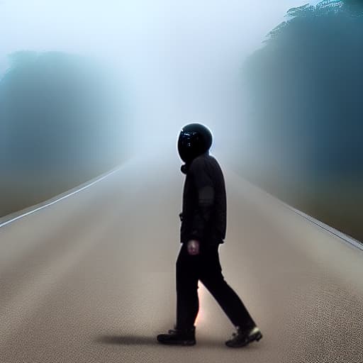 nousr robot man walking in a foggy endless road...