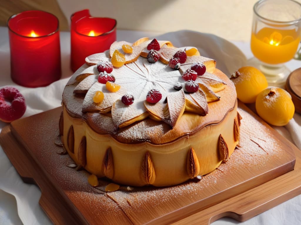  A closeup, ultradetailed image of a freshly baked Roscón de Reyes sitting on a rustic wooden table, garnished with vibrant candied fruits, almonds, and a sprinkle of powdered sugar. The goldenbrown crust glistens under a soft, natural light, highlighting the intricate circular shape and delicate patterns of the pastry. The background is softly blurred, emphasizing the minimalistic elegance of the traditional Spanish dessert. hyperrealistic, full body, detailed clothing, highly detailed, cinematic lighting, stunningly beautiful, intricate, sharp focus, f/1. 8, 85mm, (centered image composition), (professionally color graded), ((bright soft diffused light)), volumetric fog, trending on instagram, trending on tumblr, HDR 4K, 8K