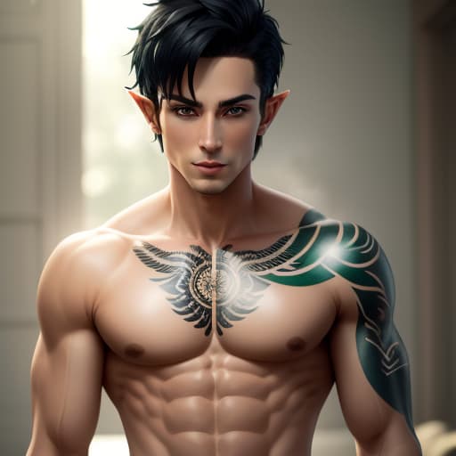  shirtless male, half-elf, short black hair, green eyes, tattoos, thin toned build, ranger, hyperrealistic, high quality, highly detailed, perfect lighting, intricate, sharp focus, f/1. 8, 85mm, (centered image composition), (professionally color graded), ((bright soft diffused light)), trending on instagram, HDR 4K, 8K