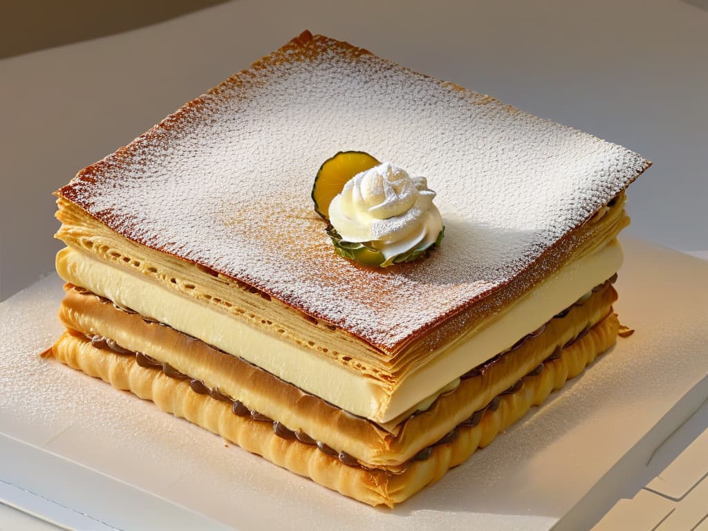  A closeup, ultradetailed shot of a delicate, intricate millefeuille pastry by Sadaharu Aoki. The layers of flaky puff pastry and smooth cream are perfectly aligned, showcasing the precision and artistry of the pastry chef. Each fold of the pastry is visible, highlighting the meticulous craftsmanship and attention to detail that characterizes Aoki's creations. The minimalist composition focuses solely on the beauty and complexity of the dessert, inviting the viewer to appreciate the skill and patience required to achieve such perfection. hyperrealistic, full body, detailed clothing, highly detailed, cinematic lighting, stunningly beautiful, intricate, sharp focus, f/1. 8, 85mm, (centered image composition), (professionally color graded), ((bright soft diffused light)), volumetric fog, trending on instagram, trending on tumblr, HDR 4K, 8K