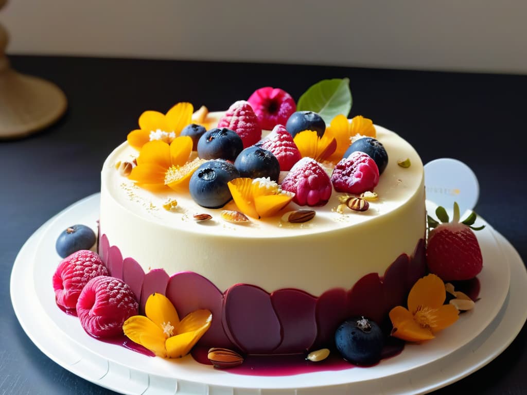  A closeup, ultradetailed image of a beautifully crafted dessert featuring intricate layers of colorful, organic fruits and nuts, adorned with delicate edible flowers and shimmering gold leaf accents, all placed on a sleek, white porcelain plate. The dessert is presented on a dark, matte background, enhancing the vibrant colors and textures of the ingredients, creating a visually stunning and appetizing composition that embodies the essence of sustainable baking and biodiversity preservation. hyperrealistic, full body, detailed clothing, highly detailed, cinematic lighting, stunningly beautiful, intricate, sharp focus, f/1. 8, 85mm, (centered image composition), (professionally color graded), ((bright soft diffused light)), volumetric fog, trending on instagram, trending on tumblr, HDR 4K, 8K