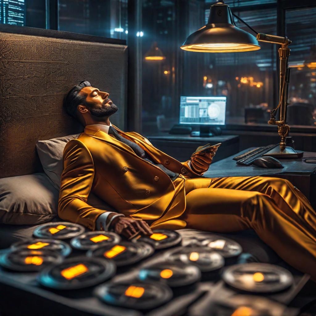  earning money in crypto while sleeping hyperrealistic, full body, detailed clothing, highly detailed, cinematic lighting, stunningly beautiful, intricate, sharp focus, f/1. 8, 85mm, (centered image composition), (professionally color graded), ((bright soft diffused light)), volumetric fog, trending on instagram, trending on tumblr, HDR 4K, 8K