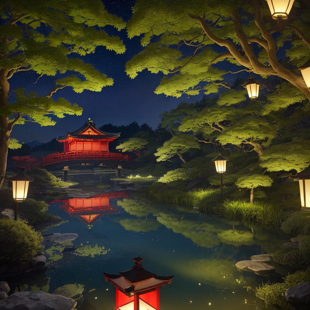  masterpiece, best quality, (Fidelity: 1.4), Best Quality, Masterpiece, Ultra High Resolution, 8k resolution, A night view inspired by Japanese art, featuring a garden illuminated by paper lanterns and a wooden bridge spanning a tranquil lake, by the lakeside, there is a small Zen temple. The water reflects the starry sky.