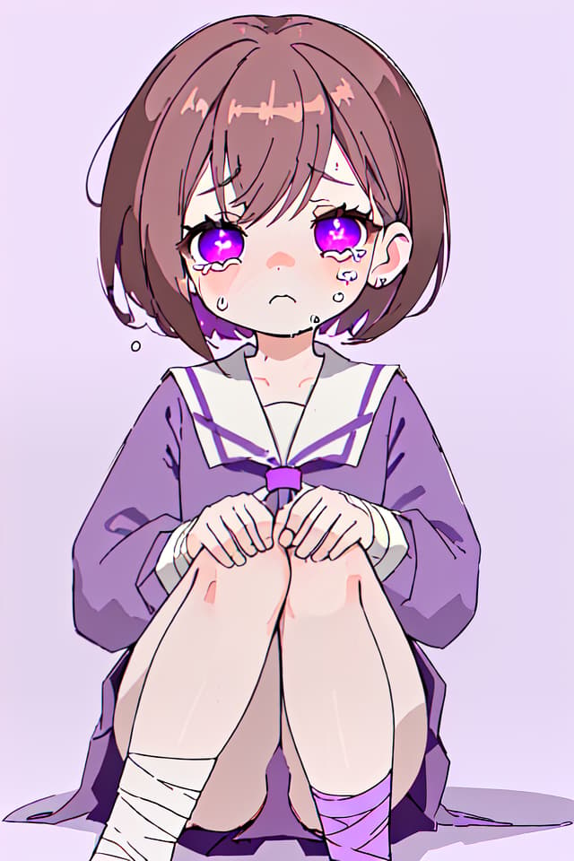  Brown hair,bob hair,purple eyes,young ,tearful eyes,bandage,purple ribbon,injured,infirmary,cute,weak,cry,purple sailor suit,knee,knee bandage、(absurd detailed:1.4、best quality:1.4、masterpiece:1.4)、