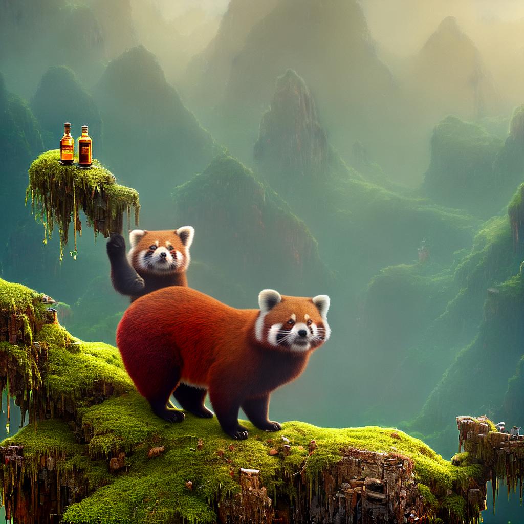  ((masterpiece)), (((best quality))), 8k, high detailed, ultra-detailed. A 2D cartoon Red Panda standing on one leg, holding a jar of honey, pointing towards a bamboo forest, with a mischievous expression, in a minimalistic design with flat colors and light-colored dots for eyes. hyperrealistic, full body, detailed clothing, highly detailed, cinematic lighting, stunningly beautiful, intricate, sharp focus, f/1. 8, 85mm, (centered image composition), (professionally color graded), ((bright soft diffused light)), volumetric fog, trending on instagram, trending on tumblr, HDR 4K, 8K