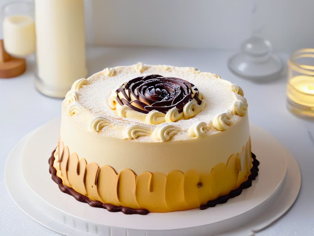  A closeup, ultrahigh resolution image of a delicate, golden ruminfused tres leches cake, topped with a light dusting of cocoa powder and a single elegant chocolate curl. The cake sits on a pristine white plate, set against a softfocus background of a stylish, modern kitchen with gleaming stainless steel appliances and a vase of fresh flowers. The lighting is soft, casting a warm, inviting glow on the moist, decadent dessert, showcasing the intricate texture and rich, indulgent flavors that alcohol can bring to pastry creations. hyperrealistic, full body, detailed clothing, highly detailed, cinematic lighting, stunningly beautiful, intricate, sharp focus, f/1. 8, 85mm, (centered image composition), (professionally color graded), ((bright soft diffused light)), volumetric fog, trending on instagram, trending on tumblr, HDR 4K, 8K