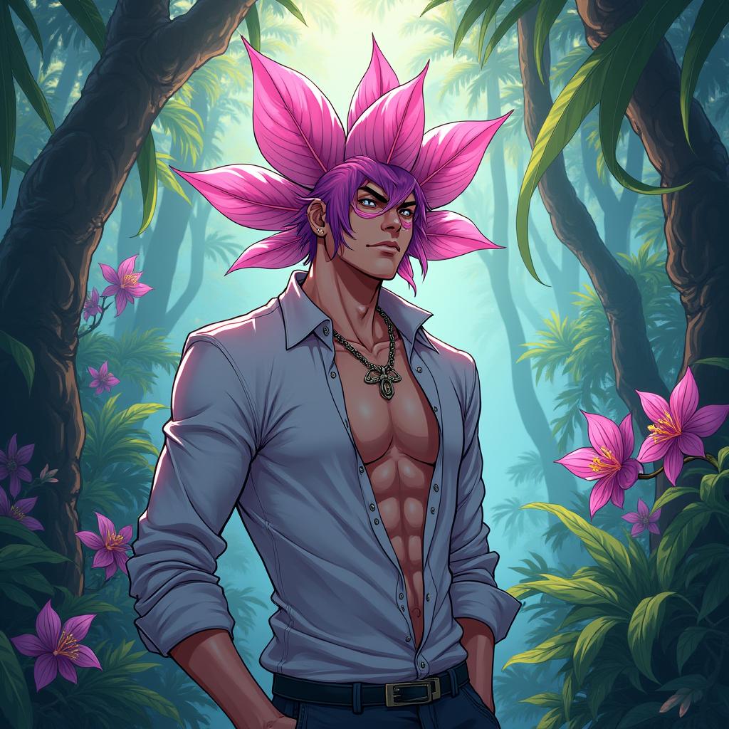  anime artwork orchid man in the jungle, anime style, key visual, vibrant, studio anime, highly detailed