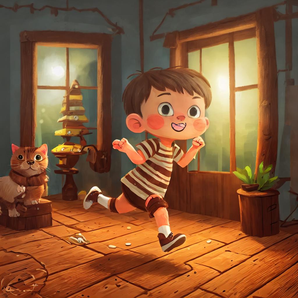  (best quality:1.5), (realistic:1.0), brown stripped cat, running, long boots , mysterious cabin, dim light