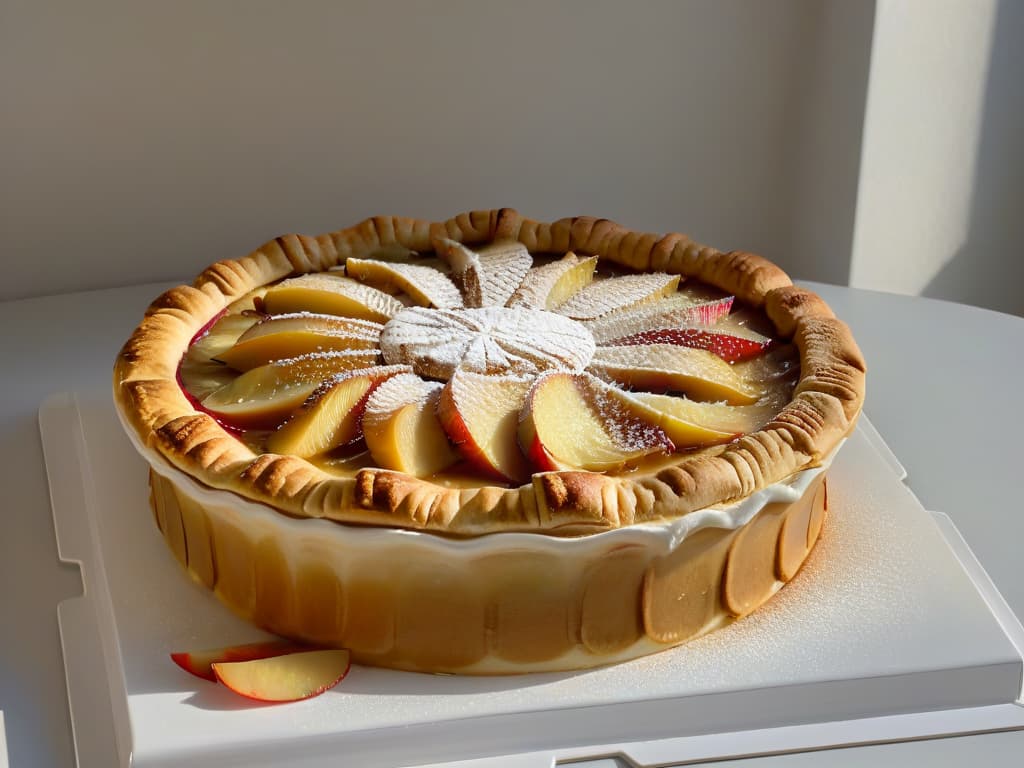  A closeup, ultradetailed image of a perfectly goldenbrown crust on a freshly baked apple pie, with steam gently rising from the bubbling fruit filling, set on a simple, elegant white porcelain pie dish. hyperrealistic, full body, detailed clothing, highly detailed, cinematic lighting, stunningly beautiful, intricate, sharp focus, f/1. 8, 85mm, (centered image composition), (professionally color graded), ((bright soft diffused light)), volumetric fog, trending on instagram, trending on tumblr, HDR 4K, 8K