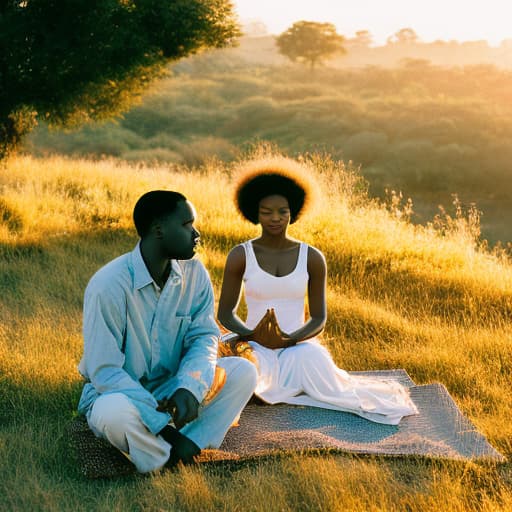 analog style African American woman and man meditating in the sun and its rays with Ghana backdrop