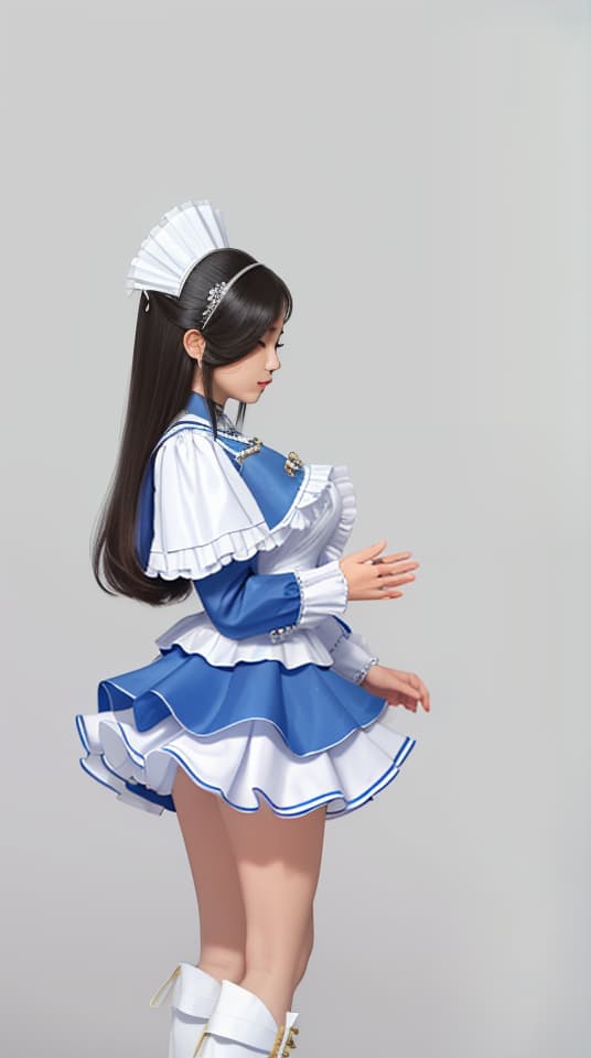  masterpiece, best quality, (Fidelity: 1.4), filipina, blue bodice, white bolero, ruffled skirt, knee high boots, hair brooch