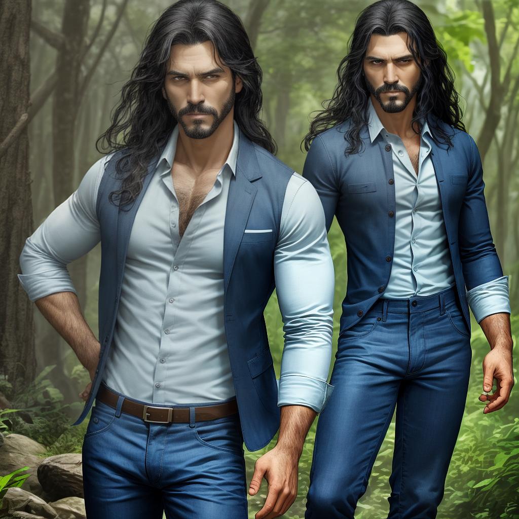  imagen realista tipo dibujo piel trigueña clara ojos almendrados grises cabello largo color castaño hombre camisa negra pantalón jean barba estilo candado abrazando a mujer