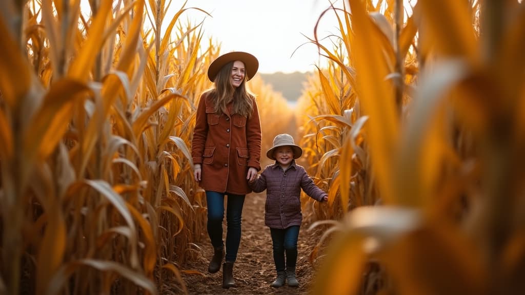  good quality, high quality, mother and her child navigating through a tall corn maze, laughing as they try to find their way out on a crisp autumn afternoon , woman and kid autumn corn maze adventure concept image