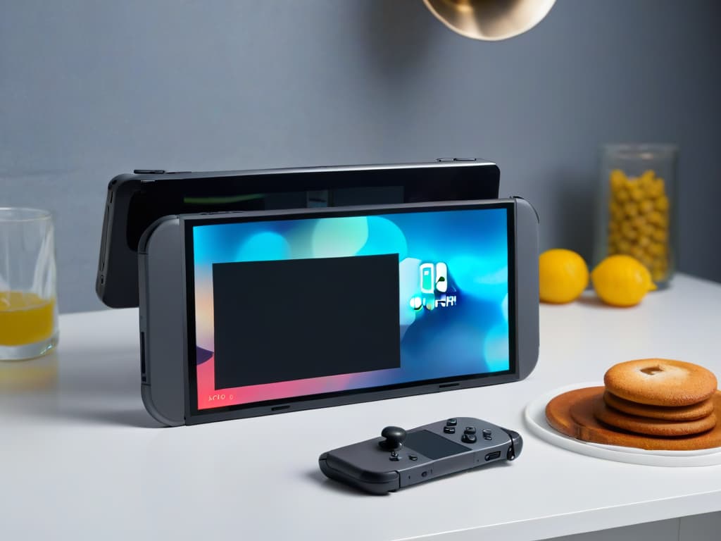  A minimalistic image featuring a sleek, black Nintendo Switch console seamlessly integrated into a modern kitchen countertop, with various highquality stainless steel baking tools placed neatly around it. The reflection of the console on the polished countertop adds a touch of elegance, while the baking utensils symbolize the fusion of gaming and baking for Nintendo fans who enjoy creating delicious desserts inspired by their favorite games. hyperrealistic, full body, detailed clothing, highly detailed, cinematic lighting, stunningly beautiful, intricate, sharp focus, f/1. 8, 85mm, (centered image composition), (professionally color graded), ((bright soft diffused light)), volumetric fog, trending on instagram, trending on tumblr, HDR 4K, 8K