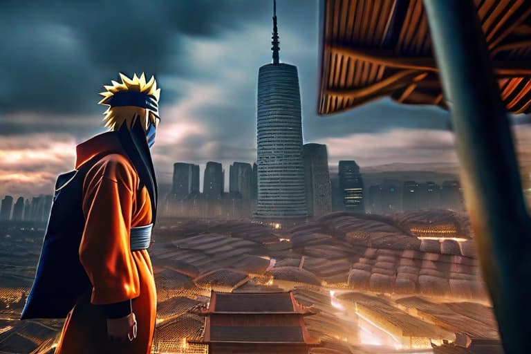  Naruto in city 3000 year hyperrealistic, full body, detailed clothing, highly detailed, cinematic lighting, stunningly beautiful, intricate, sharp focus, f/1. 8, 85mm, (centered image composition), (professionally color graded), ((bright soft diffused light)), volumetric fog, trending on instagram, trending on tumblr, HDR 4K, 8K