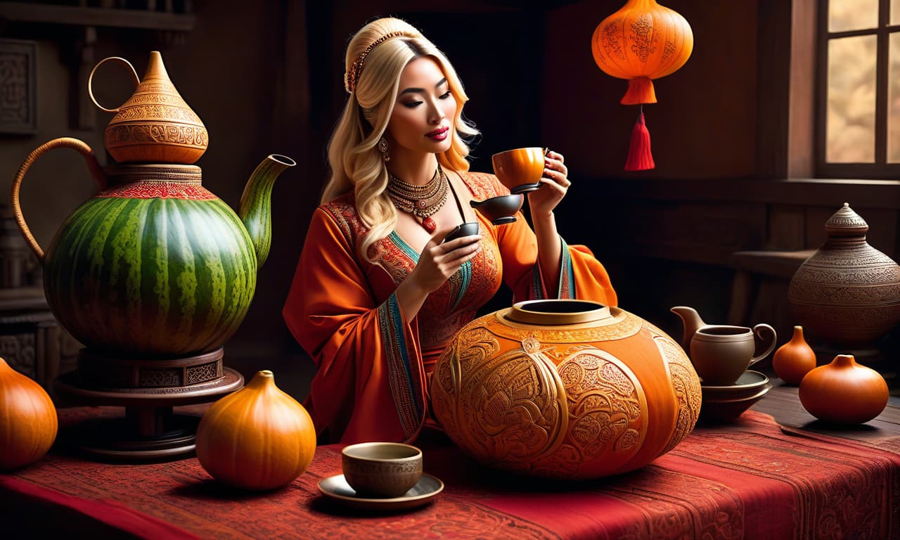  Representational art of a place where inventions and adventures are felt, a very detailed and deep depiction. A blonde woman in ethnic clothing drinks tea from a gourd. Use only three colors and their shades. hyperrealistic, full body, detailed clothing, highly detailed, cinematic lighting, stunningly beautiful, intricate, sharp focus, f/1. 8, 85mm, (centered image composition), (professionally color graded), ((bright soft diffused light)), volumetric fog, trending on instagram, trending on tumblr, HDR 4K, 8K