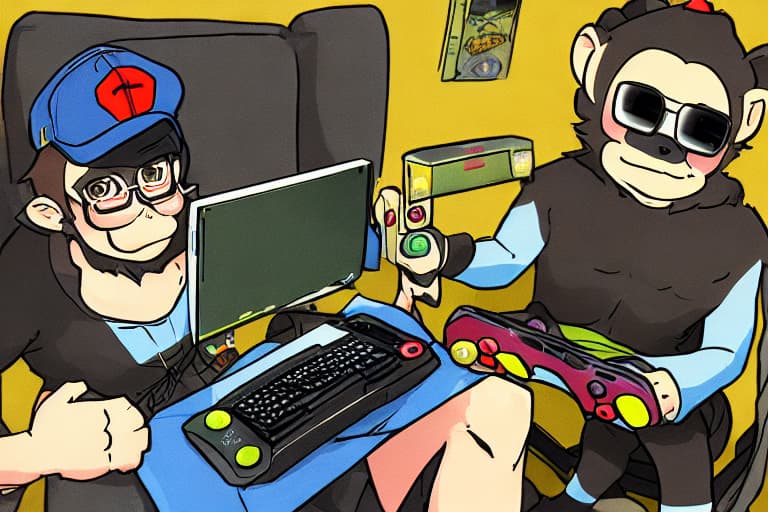  Monkey with glasses and a cap playing videogames