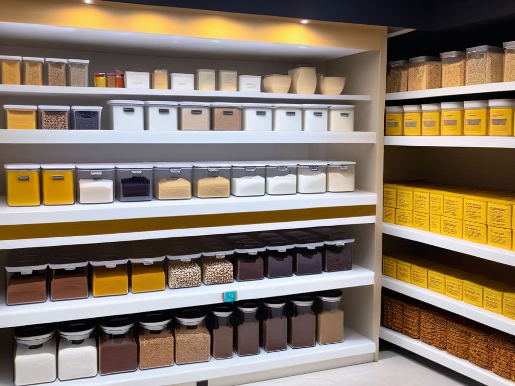  An ultradetailed 8k image of an organized pantry shelf filled with a variety of sleek, modern glass and ceramic containers labeled with different baking ingredients like flour, sugar, cocoa powder, and sprinkles. Each container is perfectly aligned, showcasing a minimalist aesthetic with soft lighting casting gentle shadows, creating a visually appealing and inspiring display of organization and baking essentials. hyperrealistic, full body, detailed clothing, highly detailed, cinematic lighting, stunningly beautiful, intricate, sharp focus, f/1. 8, 85mm, (centered image composition), (professionally color graded), ((bright soft diffused light)), volumetric fog, trending on instagram, trending on tumblr, HDR 4K, 8K