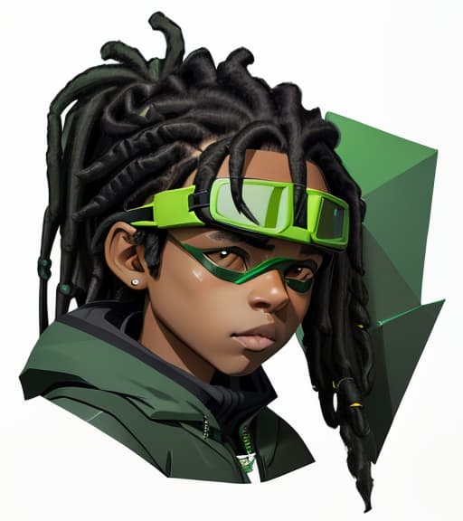  low poly style (((green ski goggle half up half down dreads black little boy green jacket))) . low poly game art, polygon mesh, jagged, blocky, wireframe edges, centered composition