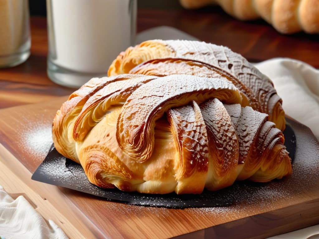  A closeup, ultradetailed image of a perfectly goldenbrown, flaky croissant fresh out of the oven, with steam rising delicately from its perfectly crisp layers. The croissant sits on a rustic wooden cutting board, accompanied by a scattering of powdered sugar and a few fresh raspberries, highlighting the texture and crunch that can be achieved in pastry baking. hyperrealistic, full body, detailed clothing, highly detailed, cinematic lighting, stunningly beautiful, intricate, sharp focus, f/1. 8, 85mm, (centered image composition), (professionally color graded), ((bright soft diffused light)), volumetric fog, trending on instagram, trending on tumblr, HDR 4K, 8K