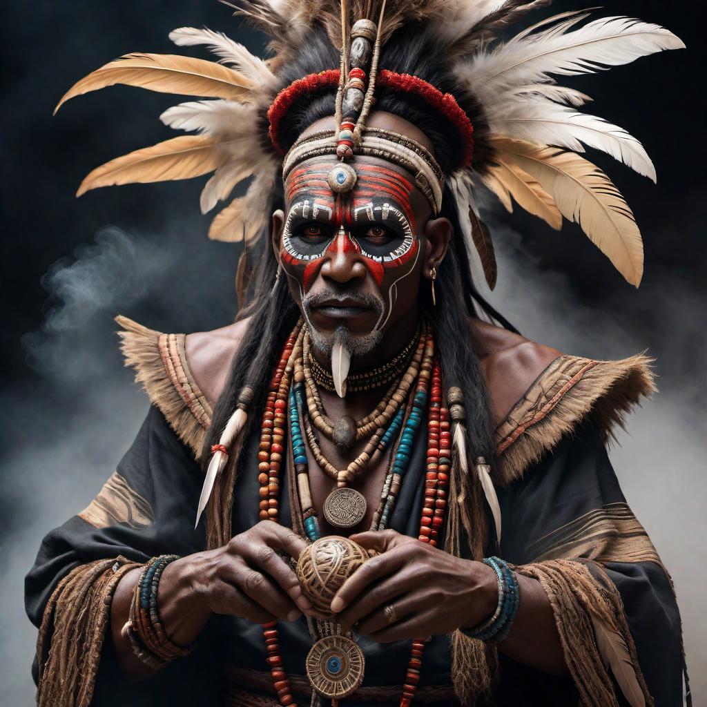  A witch doctor holding a shrunken head. The witch doctor is adorned with traditional garb, including feathers, beads, and tribal face paint. The shrunken head is depicted with intricate details, showing wrinkled skin and stitched lips. The scene conveys a mysterious and mystical atmosphere, with the witch doctor gazing at the shrunken head with an expression of deep concentration and knowledge of ancient rituals. hyperrealistic, full body, detailed clothing, highly detailed, cinematic lighting, stunningly beautiful, intricate, sharp focus, f/1. 8, 85mm, (centered image composition), (professionally color graded), ((bright soft diffused light)), volumetric fog, trending on instagram, trending on tumblr, HDR 4K, 8K