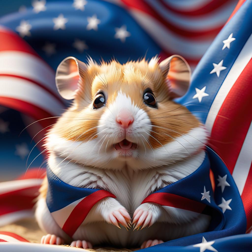  A beautiful hamster in front of a flag with white, blue, and red stripes. hyperrealistic, full body, detailed clothing, highly detailed, cinematic lighting, stunningly beautiful, intricate, sharp focus, f/1. 8, 85mm, (centered image composition), (professionally color graded), ((bright soft diffused light)), volumetric fog, trending on instagram, trending on tumblr, HDR 4K, 8K