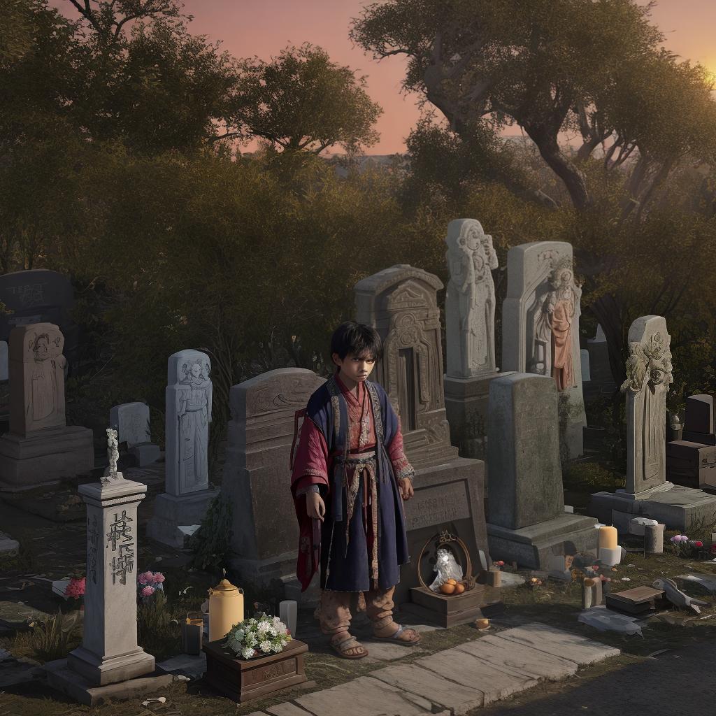  masterpiece, best quality, masterpiece,8k resolution, realistic, highly detailed, sunset, a little beggar looks sadly at a grave, demanding chinoiserie, clothes tattered Standing on the grave is a young male beggar with the old beggar's name written on it, next to a dead tree