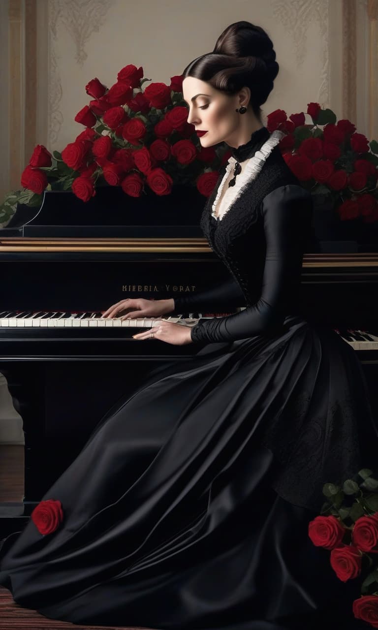  A Victorian beauty in mourning, dressed in a black gown, plays the piano on white and black keys of a rostra With a slightly tilted head and a bouquet of red roses nearby, in the 1870s. hyperrealistic, full body, detailed clothing, highly detailed, cinematic lighting, stunningly beautiful, intricate, sharp focus, f/1. 8, 85mm, (centered image composition), (professionally color graded), ((bright soft diffused light)), volumetric fog, trending on instagram, trending on tumblr, HDR 4K, 8K