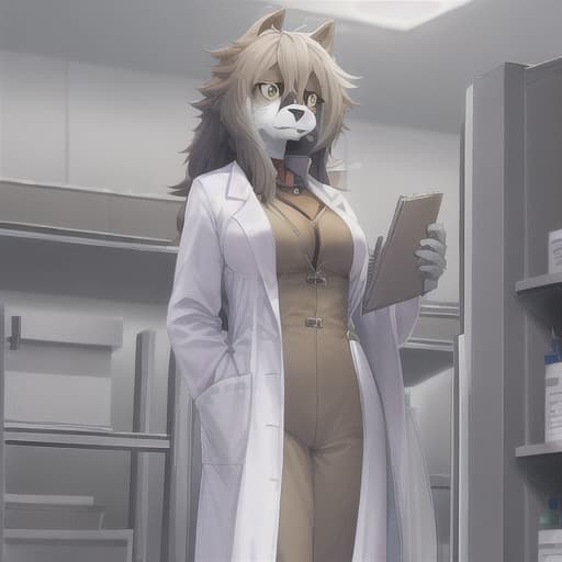  female furry in a lab coat  with straps